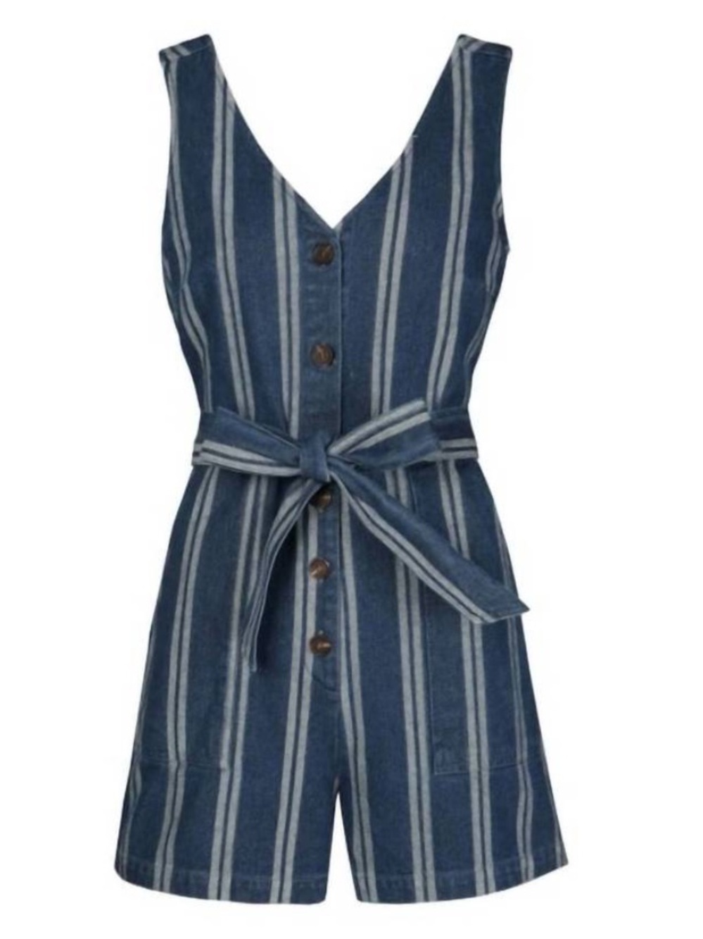 FRNCH Blue and White Striped Button-Front Tie-Waist denim Romper